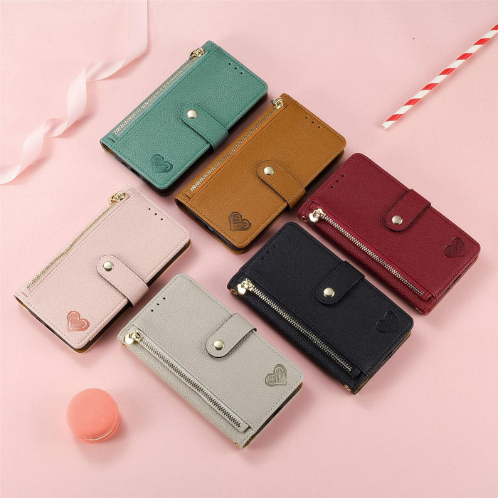 For Iphone 15 Love Zipper Lanyard Leather Phone Case