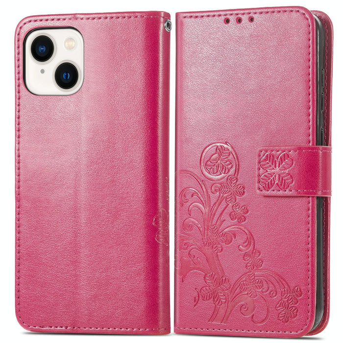 For Iphone 15 Four-Leaf Clasp Embossed Buckle Leather Phone Case
