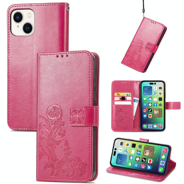 For Iphone 15 Four-Leaf Clasp Embossed Buckle Leather Phone Case
