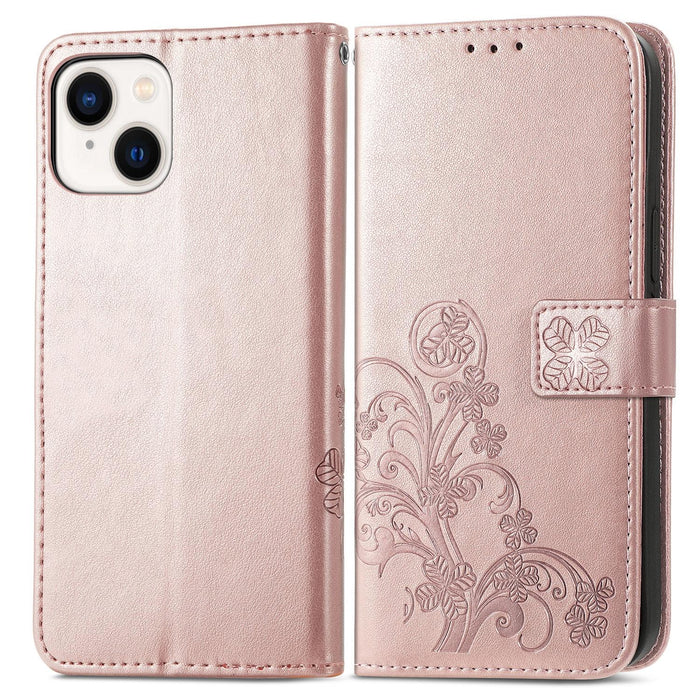 For Iphone 15 Four-Leaf Clasp Embossed Buckle Leather Phone Case