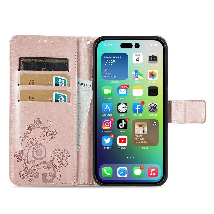 For Iphone 15 Four-Leaf Clasp Embossed Buckle Leather Phone Case