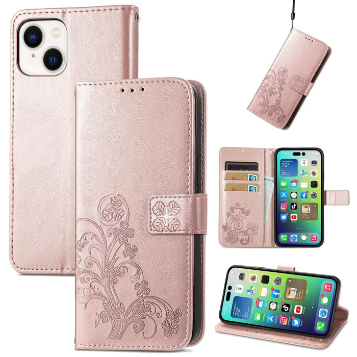 For Iphone 15 Four-Leaf Clasp Embossed Buckle Leather Phone Case