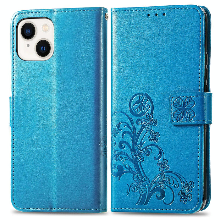 For Iphone 15 Four-Leaf Clasp Embossed Buckle Leather Phone Case