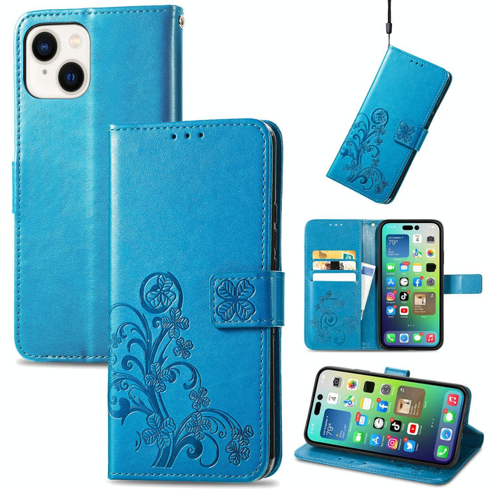 For Iphone 15 Four-Leaf Clasp Embossed Buckle Leather Phone Case