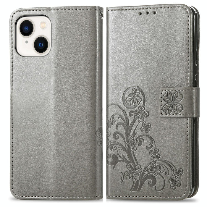 For Iphone 15 Four-Leaf Clasp Embossed Buckle Leather Phone Case