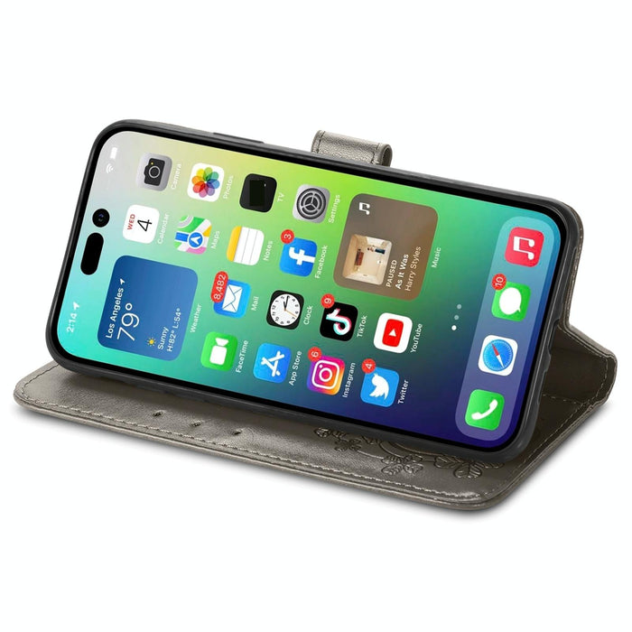 For Iphone 15 Four-Leaf Clasp Embossed Buckle Leather Phone Case