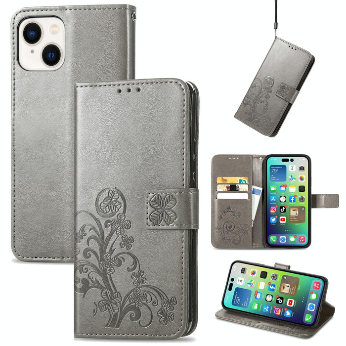 For Iphone 15 Four-Leaf Clasp Embossed Buckle Leather Phone Case