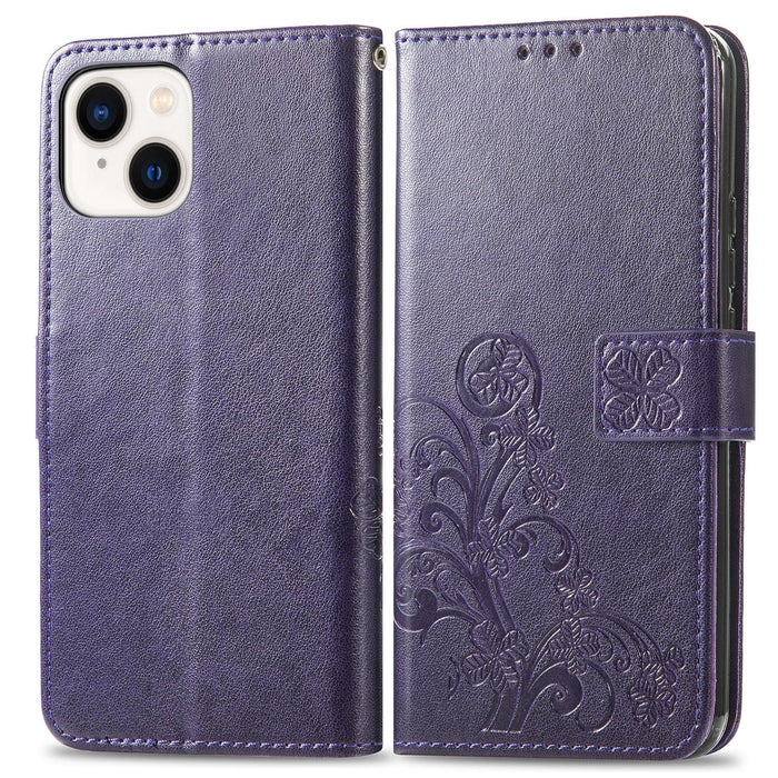 For Iphone 15 Four-Leaf Clasp Embossed Buckle Leather Phone Case