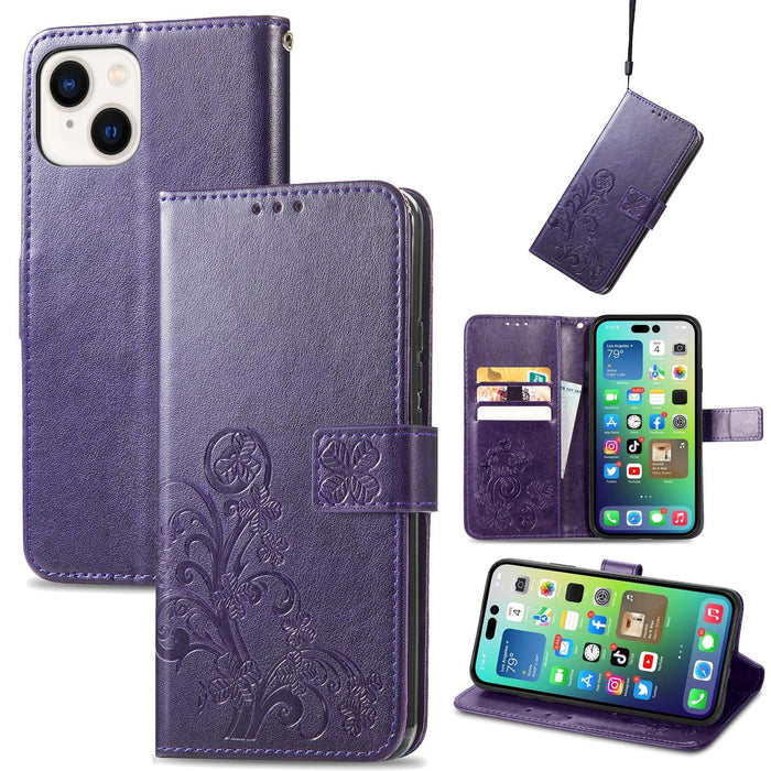 For Iphone 15 Four-Leaf Clasp Embossed Buckle Leather Phone Case
