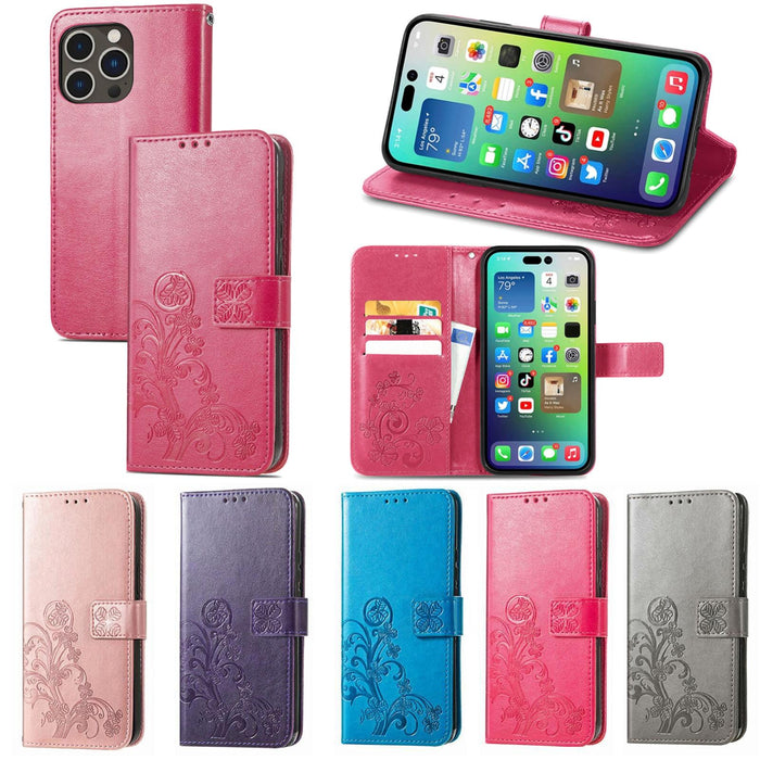 For Iphone 15 Four-Leaf Clasp Embossed Buckle Leather Phone Case