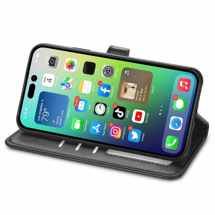 For Iphone 15 Retro Solid Colour Buckle Leather Phone Case