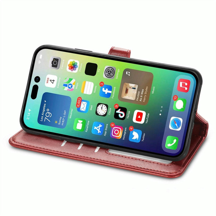 For Iphone 15 Retro Solid Colour Buckle Leather Phone Case