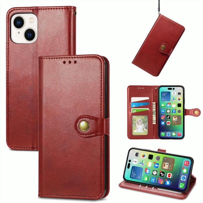 For Iphone 15 Retro Solid Colour Buckle Leather Phone Case