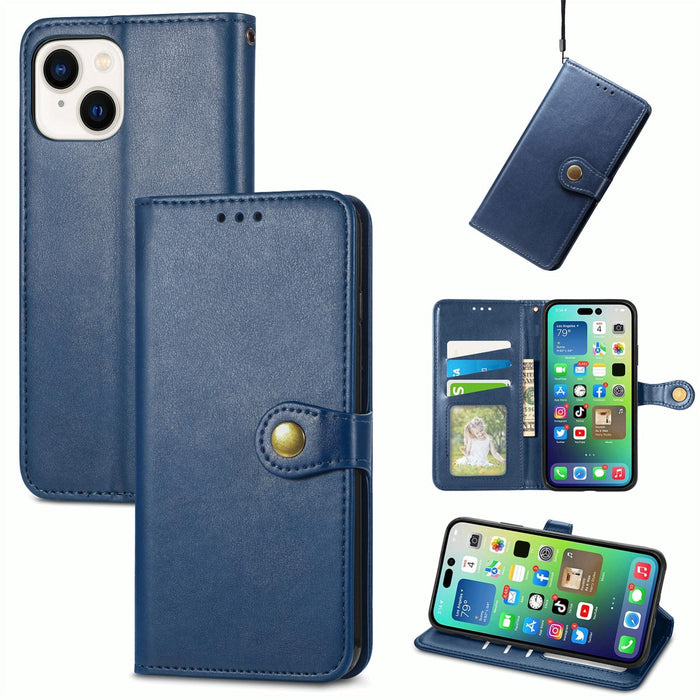 For Iphone 15 Retro Solid Colour Buckle Leather Phone Case