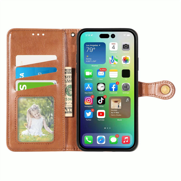 For Iphone 15 Retro Solid Colour Buckle Leather Phone Case