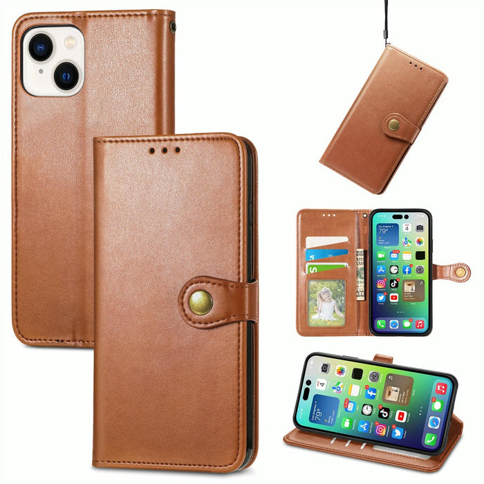 For Iphone 15 Retro Solid Colour Buckle Leather Phone Case