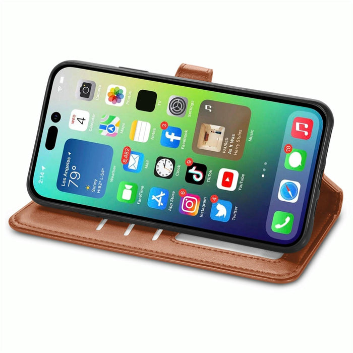 For Iphone 15 Retro Solid Colour Buckle Leather Phone Case