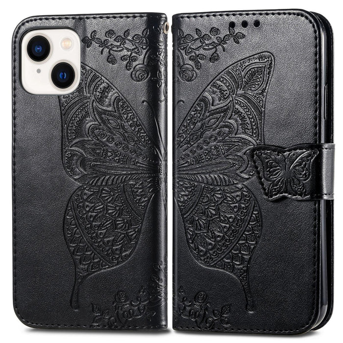 For Iphone 15 Butterfly Love Flower Embossed Leather Phone Case