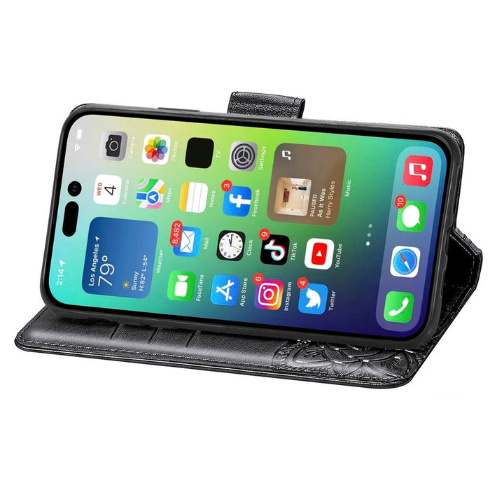 For Iphone 15 Butterfly Love Flower Embossed Leather Phone Case