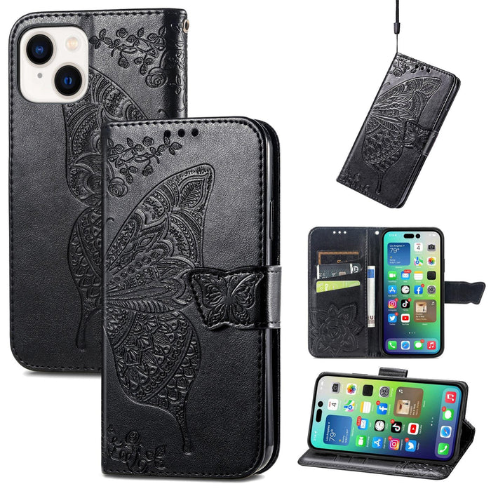 For Iphone 15 Butterfly Love Flower Embossed Leather Phone Case