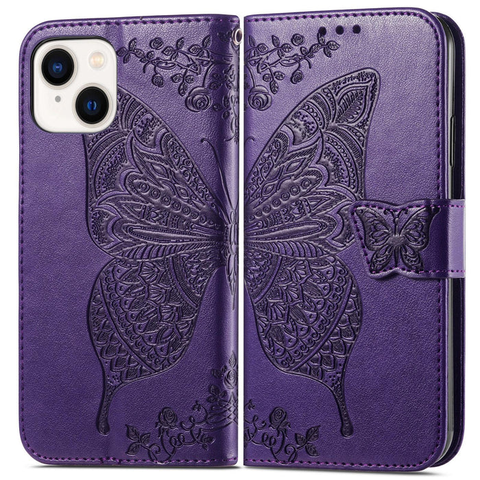 For Iphone 15 Butterfly Love Flower Embossed Leather Phone Case