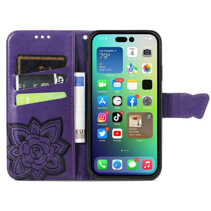 For Iphone 15 Butterfly Love Flower Embossed Leather Phone Case