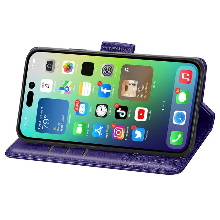 For Iphone 15 Butterfly Love Flower Embossed Leather Phone Case