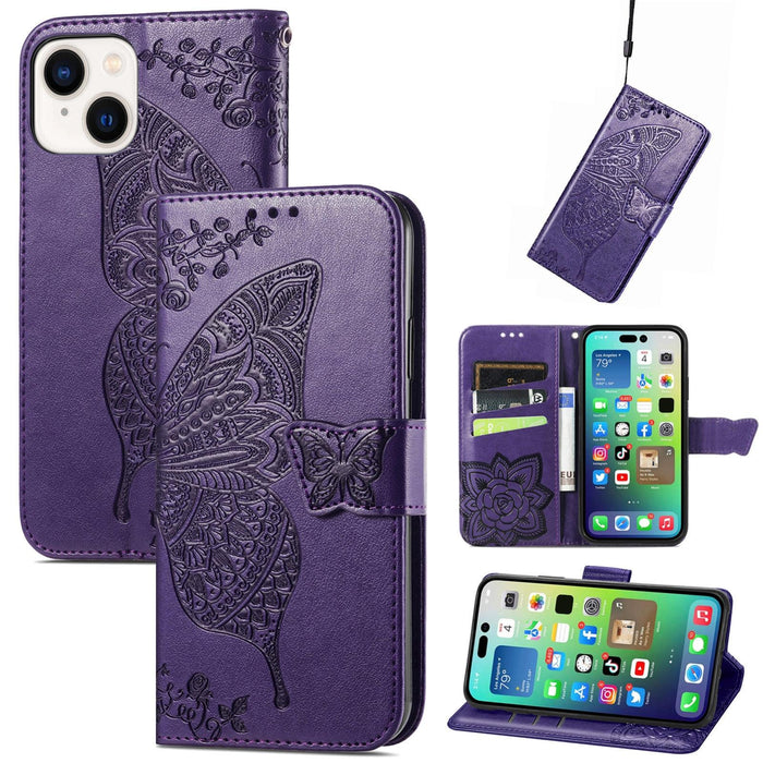 For Iphone 15 Butterfly Love Flower Embossed Leather Phone Case