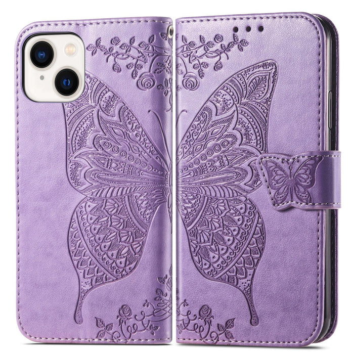 For Iphone 15 Butterfly Love Flower Embossed Leather Phone Case