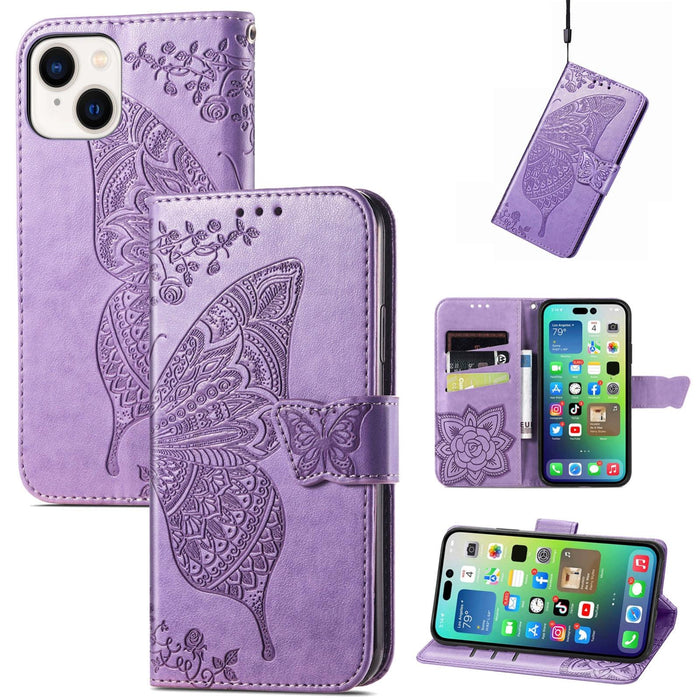 For Iphone 15 Butterfly Love Flower Embossed Leather Phone Case