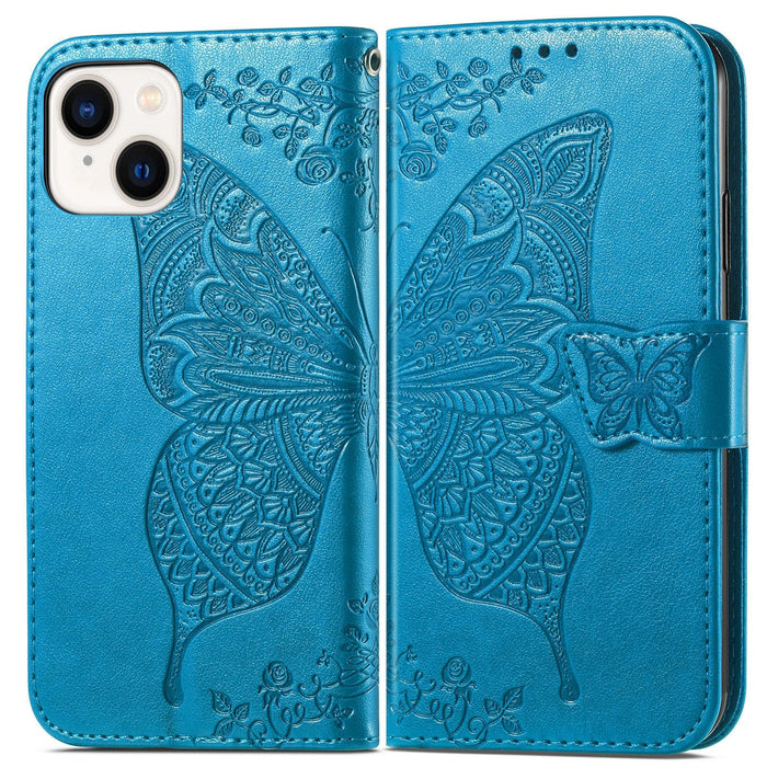 For Iphone 15 Butterfly Love Flower Embossed Leather Phone Case