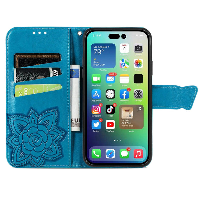 For Iphone 15 Butterfly Love Flower Embossed Leather Phone Case