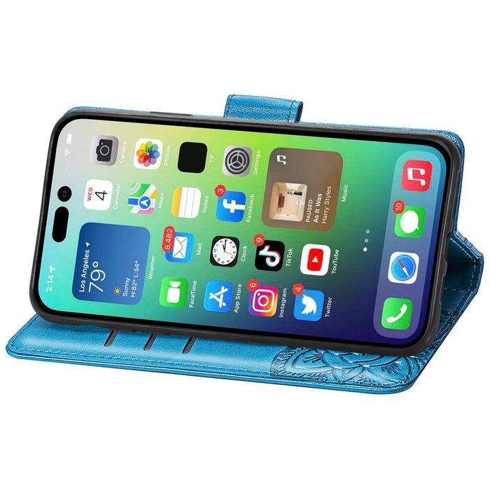 For Iphone 15 Butterfly Love Flower Embossed Leather Phone Case