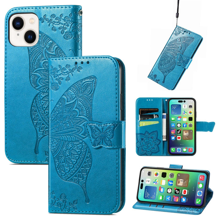For Iphone 15 Butterfly Love Flower Embossed Leather Phone Case