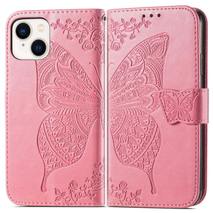 For Iphone 15 Butterfly Love Flower Embossed Leather Phone Case