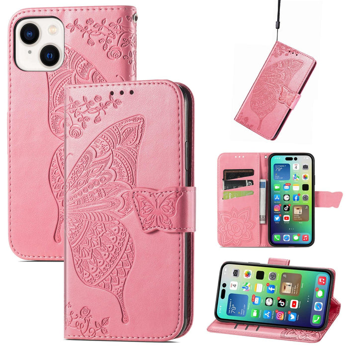 For Iphone 15 Butterfly Love Flower Embossed Leather Phone Case
