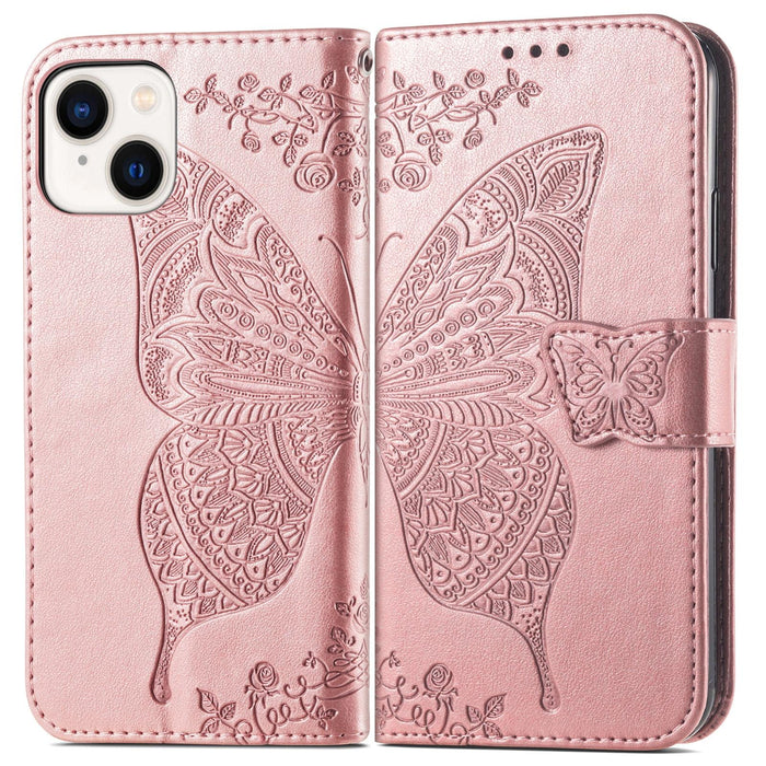 For Iphone 15 Butterfly Love Flower Embossed Leather Phone Case