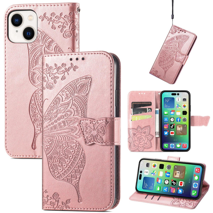 For Iphone 15 Butterfly Love Flower Embossed Leather Phone Case