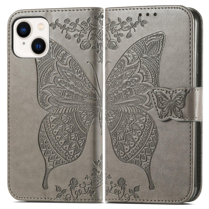 For Iphone 15 Butterfly Love Flower Embossed Leather Phone Case