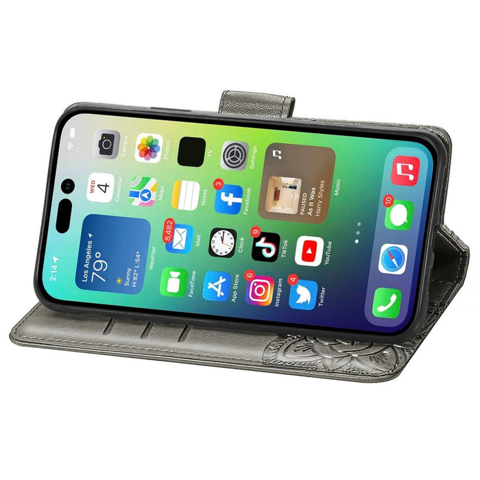 For Iphone 15 Butterfly Love Flower Embossed Leather Phone Case