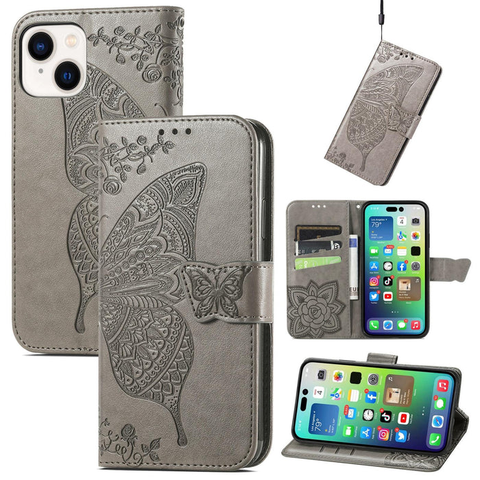 For Iphone 15 Butterfly Love Flower Embossed Leather Phone Case