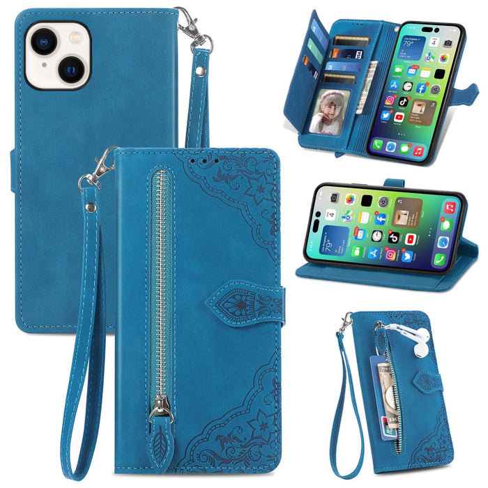 For Iphone 15 Embossed Flower Zipper Leather Phone Case