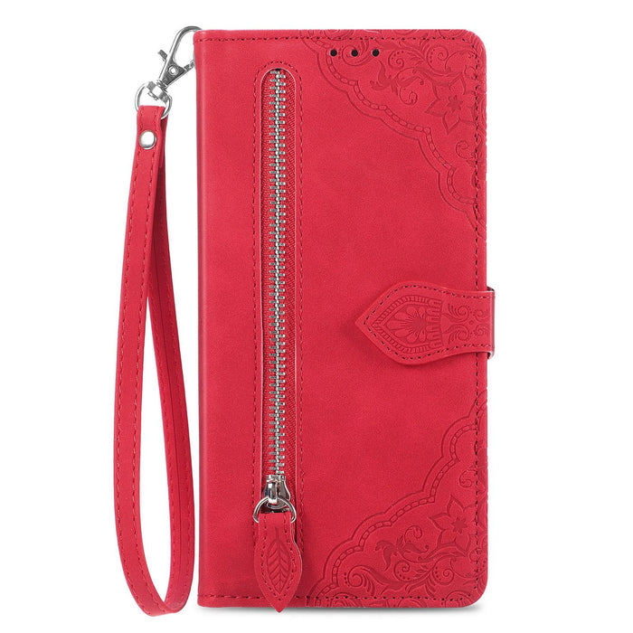 For Iphone 15 Embossed Flower Zipper Leather Phone Case