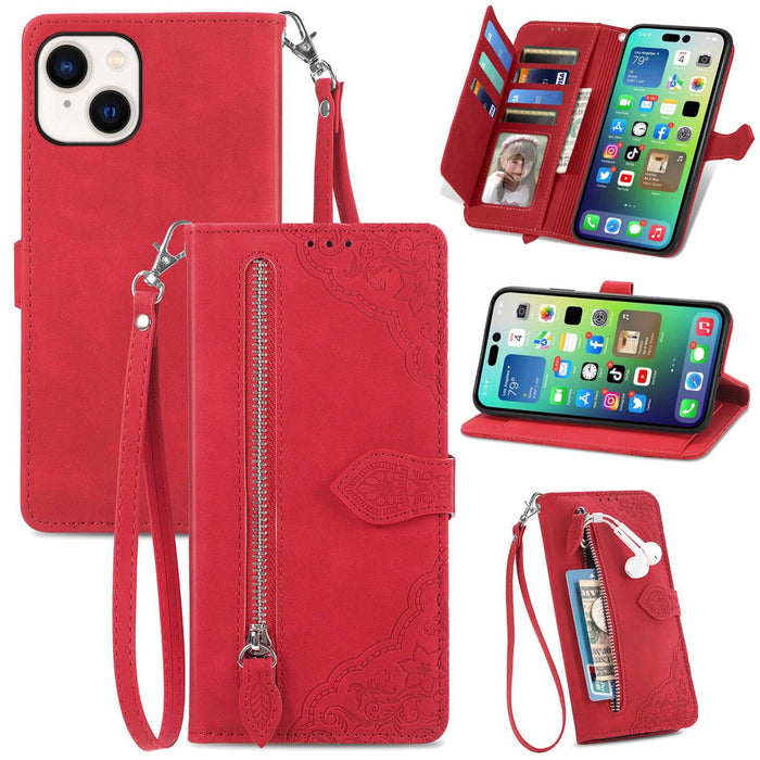 For Iphone 15 Embossed Flower Zipper Leather Phone Case
