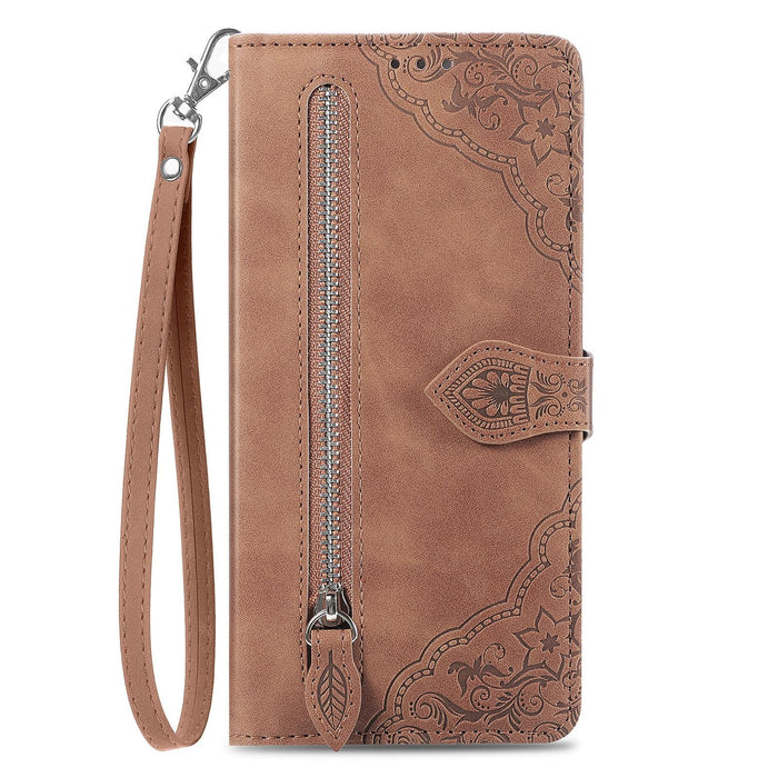 For Iphone 15 Embossed Flower Zipper Leather Phone Case