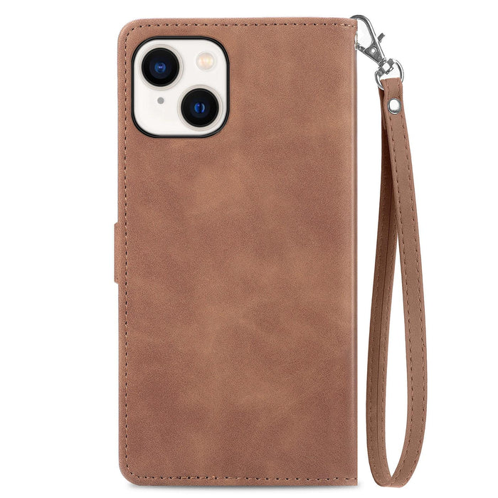 For Iphone 15 Embossed Flower Zipper Leather Phone Case