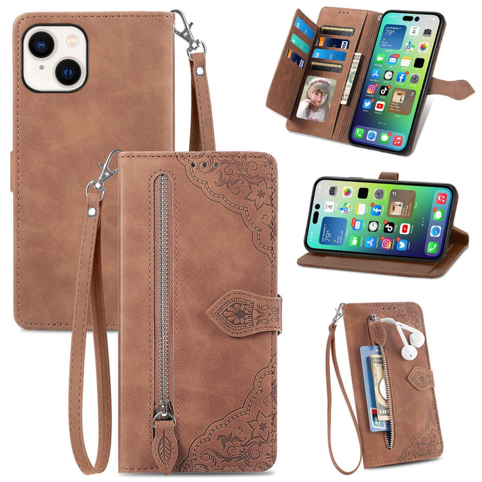 For Iphone 15 Embossed Flower Zipper Leather Phone Case