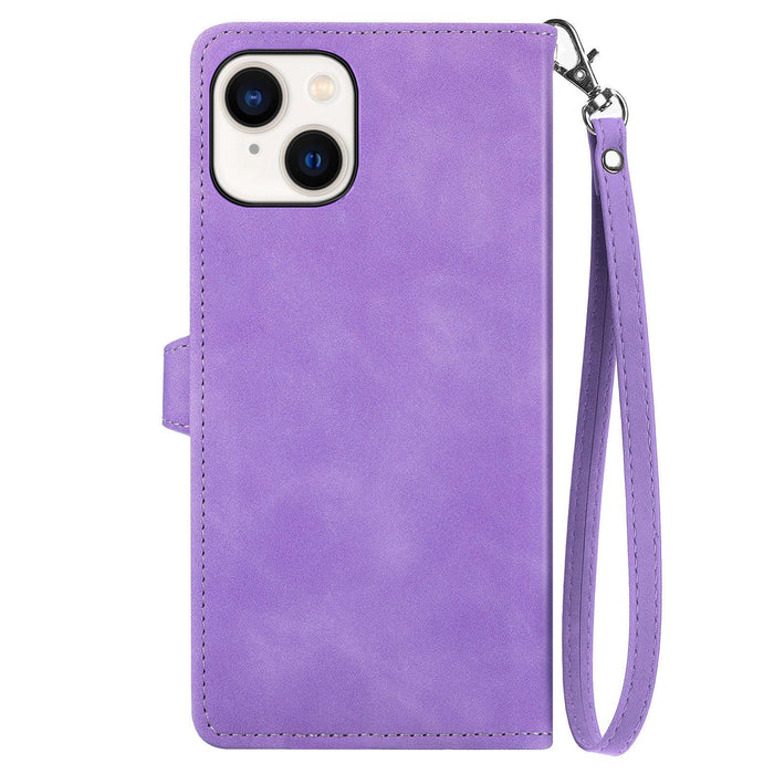 For Iphone 15 Embossed Flower Zipper Leather Phone Case