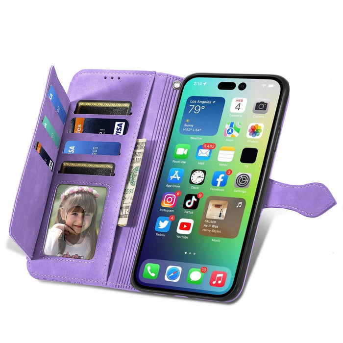 For Iphone 15 Embossed Flower Zipper Leather Phone Case