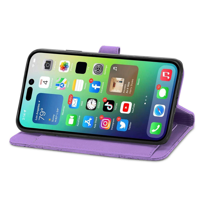 For Iphone 15 Embossed Flower Zipper Leather Phone Case